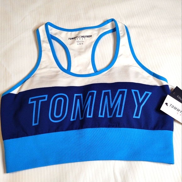 NWT Tommy Hilfiger White Blue Color Block Sports Bra Size Large - Picture 1 of 5